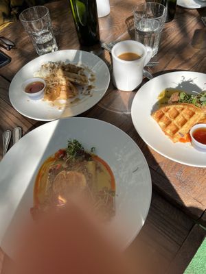 chicken & waffles, pumpkin waffles  at Watercourse Foods in Denver