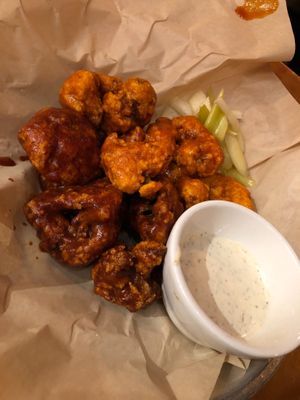 Cauliflower wings (1/2 BBQ 1/2 Bugfalo) at Watercourse Foods in Denver