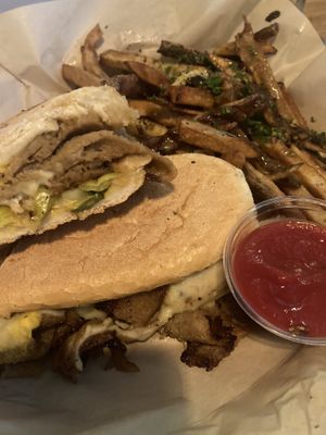 Cuban sandwich with loaded fries…so good 👍🏽 #Veganuary at Watercourse Foods in Denver
