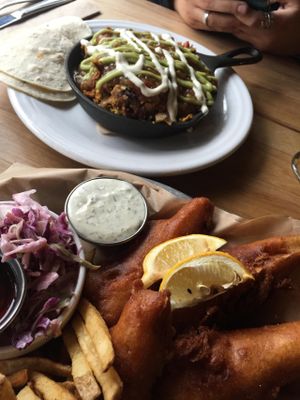 Tofish And chips, Mac and cheese  at Watercourse Foods in Denver