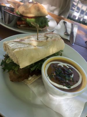 Brie and turkey sandwich with cup of butternut soup  at Watercourse Foods in Denver