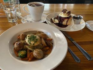 Vegan brunch.  Root Veggie Hash with gravy and the Soufflé Pancake  at Watercourse Foods in Denver