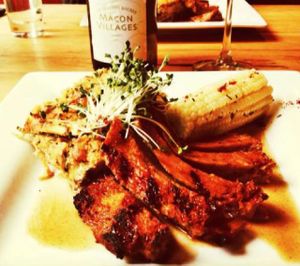 grilled seitan and zucchini potato gratin at Watercourse Foods in Denver