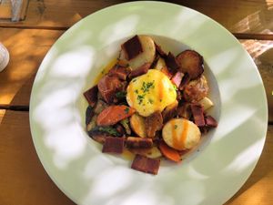 Potato hash and poached "egg" at Watercourse Foods in Denver