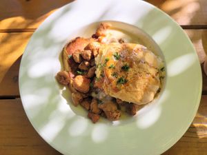 Biscuits and gravy with fried "chicken" at Watercourse Foods in Denver
