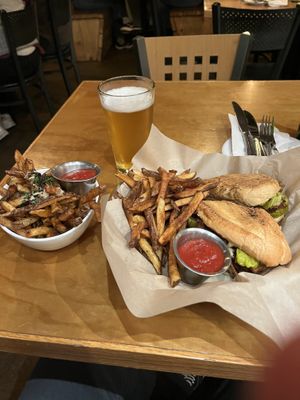 The Cuban with fries and beer for $12 at happy hour.  at Watercourse Foods in Denver