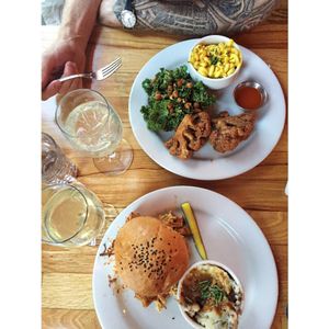 The Southern Plate w/ Mac n' Cheese and the BBQ Pulled Jackfruit, with kombucha mimosas  at Watercourse Foods in Denver