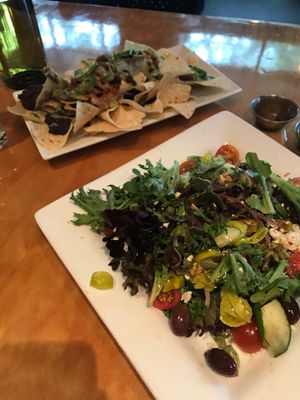 Nachos and Greek Salad at Watercourse Foods in Denver