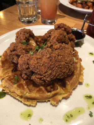 Chicken and waffle at Watercourse Foods in Denver