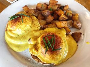 Vegan eggs Benedict! at Watercourse Foods in Denver