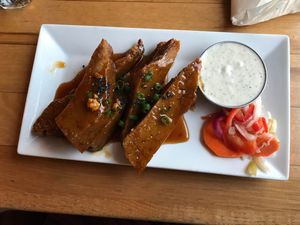 Seitan Orange Sesame Glaze Wings and Ranch at Watercourse Foods in Denver