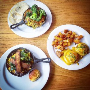 Build your own hash skillets. And eggs Benedict  at Watercourse Foods in Denver