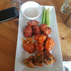 Cauliflower wings with 3 dipping sauces!! at Watercourse Foods in Denver