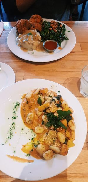 Sweet potato gnocchi and the cauliflower chicken with mash and gravy! YUM at Watercourse Foods in Denver