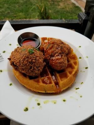 Cauliflower chicken and waffles at Watercourse Foods in Denver