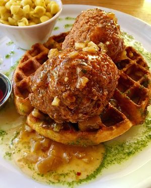 Chicken and waffle  at Watercourse Foods in Denver