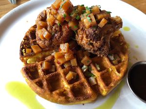 Brunch menu Breakfast waffle at Watercourse Foods in Denver