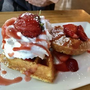 Strawberry shortcake waffle - delicious but only half a waffle for $11 at Watercourse Foods in Denver