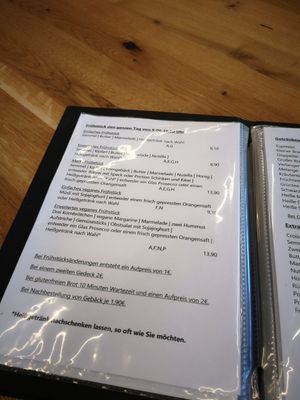 One page of the menu including breakfast options at Cafe Galerie in Dornbirn