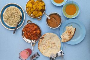 Bryani, potatoes, mixed vegetables, all vegan. Lentil Dhal and Naan are only vegetarian. at Pak Putra in Malacca