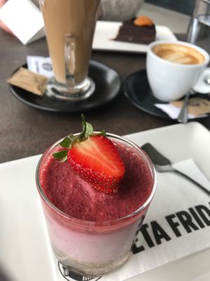 Vegan cheesecake and coffee at Teta Frida in Koper