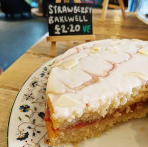 Strawberry Bakewell Cake made in house by our pastry chefs at Art & Soul Cafe in St Neots