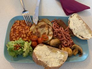 Vegan breakfast - the worms are the bacon! Beautifully salty at Art & Soul Cafe in St Neots