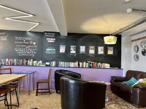 Seating and books   at Art & Soul Cafe in St Neots