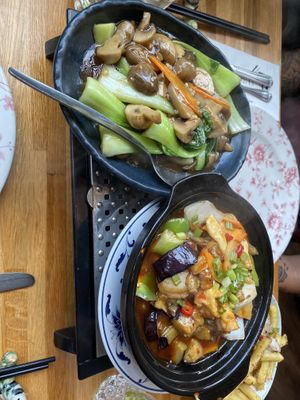 Chinese green with trio mushrooms & Szechuan spicy aubergine and tofu  at Michael Wan's Mandarin in Blackpool