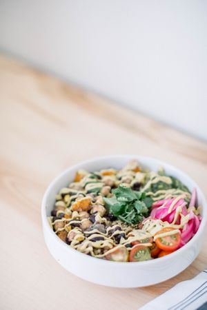 The Southwestern Bowl includes, ancient grains, roasted butternut squash, fresh veggies, garbanzo beans and a poblano crema at Sow Plated in Upper Arlington