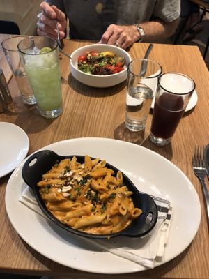 Cashew Mac and cheese with my lovely pomegranate kombucha on tap! My dad had the Mediterranean bowl with a cucumber limeade.   at Sow Plated in Upper Arlington