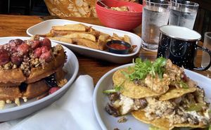 Waffle, scramble, shrooms and spuds  at Fowl and Fodder in Toledo