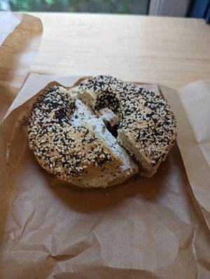 Everything bagel with garlic and herb cream cheese at bloomer's in Toronto