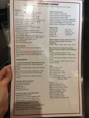 Dinner menu at Tokyo Japanese in Rochester