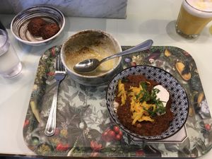 Soup of the day (consumed) and half chili bowl w Cauliflower rice, super seed avocado, beat balls, and Golden Fire at Le Botaniste - GCE in New York City