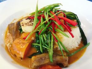 Sweet potato, aubergine and spinach Malaysian curry with coconut rice at The Architect in Chester