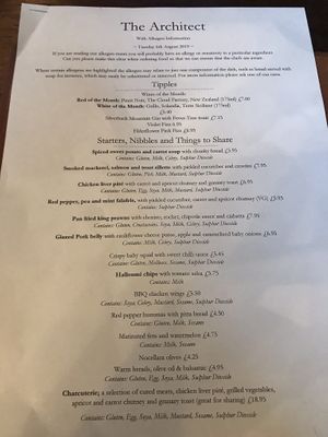 Allergen menu at The Architect in Chester