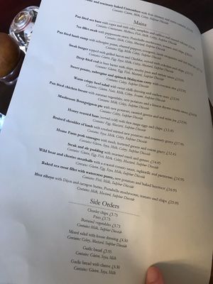 Allergen menu at The Architect in Chester