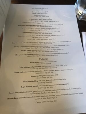 Allergen menu at The Architect in Chester