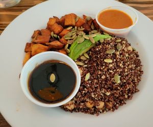 Buddha bowl with lentils, sunflowers, sweet potatoes, avocado, and a lovely mole sauce. at Local Break in Eastham