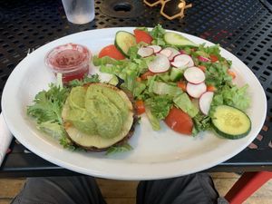 Aloha burger, Sub veg patty, no chipotle, no cheese & no bun. Garden salad raspberry vinaigrette dressing.  at Red Herring Pub in St Andrews