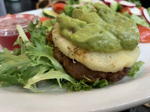 Aloha burger, Sub veg patty, no chipotle, no cheese & no bun. Garden salad raspberry vinaigrette dressing.  at Red Herring Pub in St Andrews