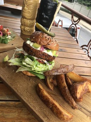 Massive vegan bean burger! Has some spice to it. 10/10, very delicious ! at Unni's in Phuket