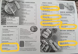 All vegan dishes are highlighted in yellow at MeMe Vietnamese Food in Rotterdam