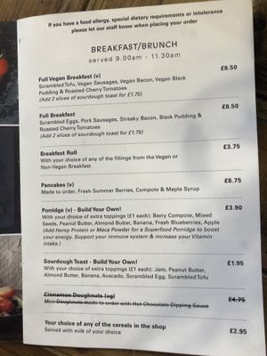 Breakfast menu Sept 2021 (v=vegan) at Birchwood in Dundee