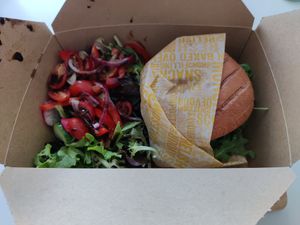 Seitan with mushroom and blue cheese burger and side salad. Very tasty at Black Rabbit in Edinburgh