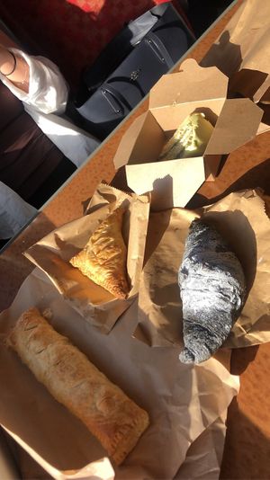 Charcoal croissant. Haggis turnover. Sausage roll at Black Rabbit in Edinburgh