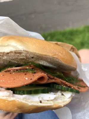 Smoked salmon and cream cheese bagel at Black Rabbit in Edinburgh