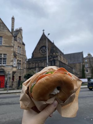 Smoked ‘salmon’ cream cheese bagel   at Black Rabbit in Edinburgh
