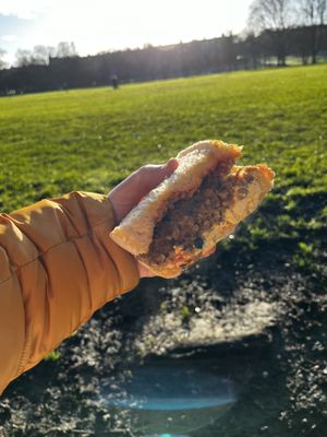 Haggis and egg, in the sun, on a bench.   at Black Rabbit in Edinburgh